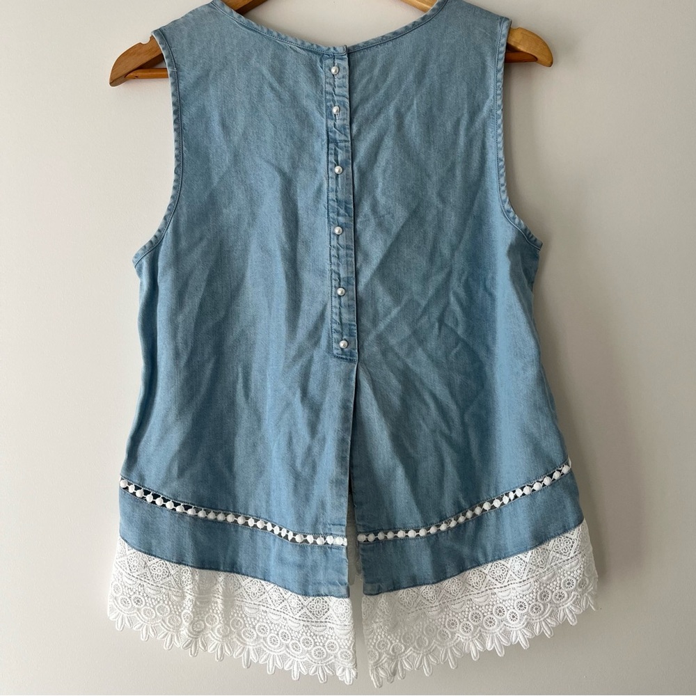 Forever New Blue Denim-like & Lace Top Size 12 - Picture 4 of 7